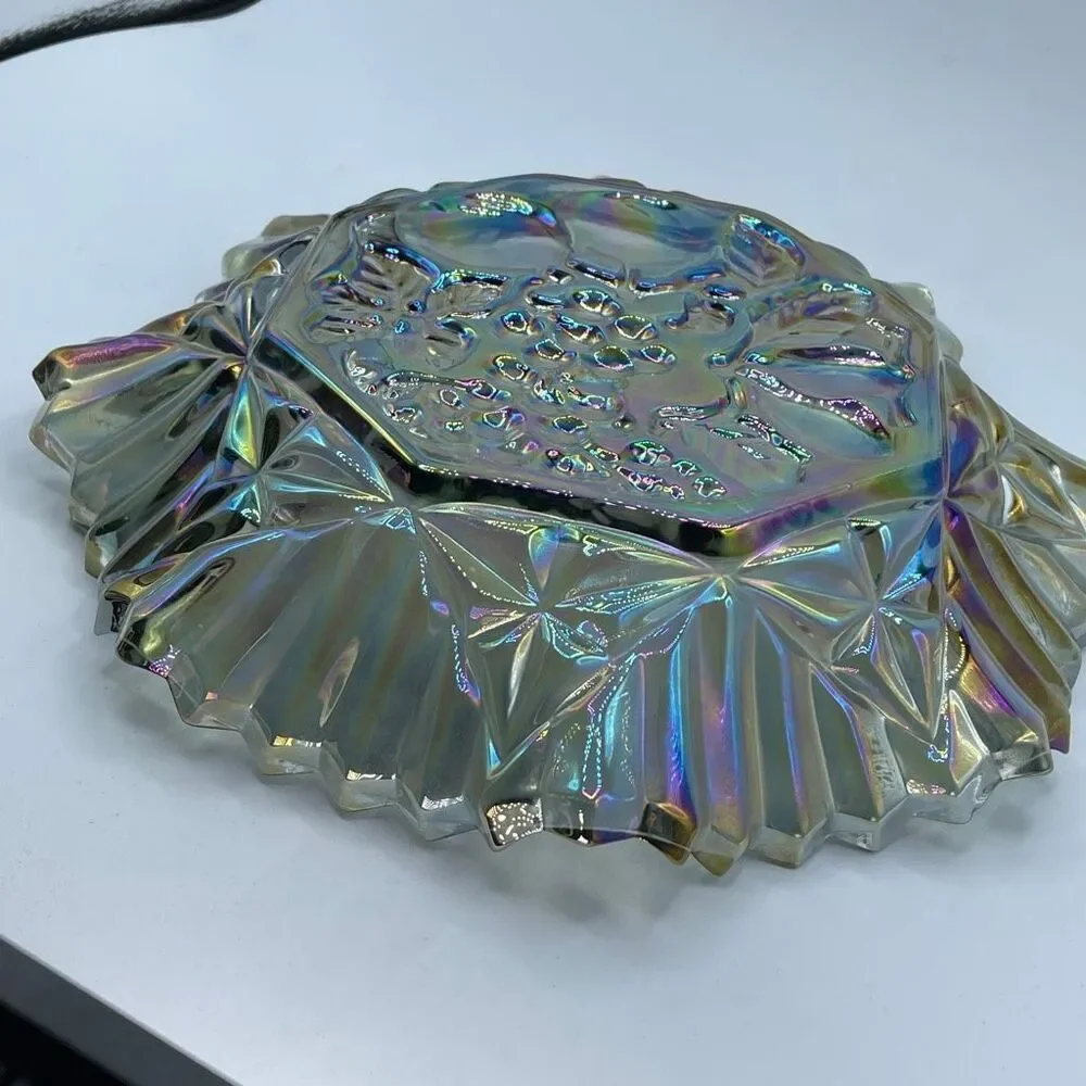 Vintage Federal Glass Pioneer Smoke Iridescent Carnival glass ruffled bowl.